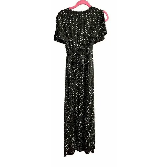 Patrons Of Peace Dress Large Faux Wrap Hi Lo Black Polka Dot Surplice Tie Back - Picture 8 of 9